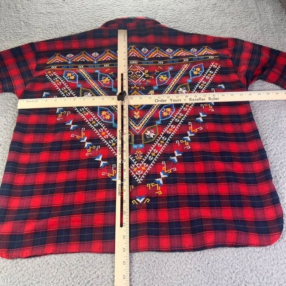 Umgee USA Top Womens Small Red Plaid Embroidered Flannel Button Aztec Western - Picture 3 of 9